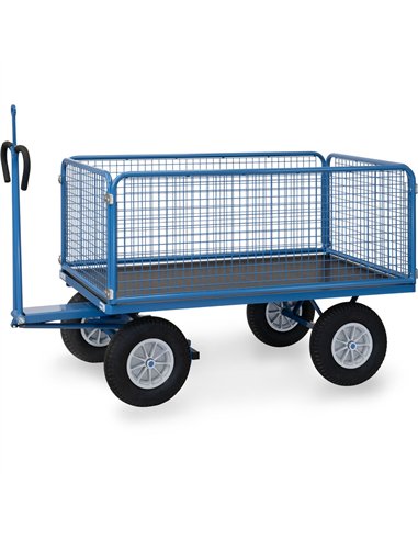 Ensemble mécano-soudé, revêtement époxy bleu RAL 5007. 4 inserts dans les angles, essieu sur rond à billes, timon en triangle av