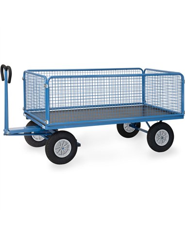 Ensemble mécano-soudé, revêtement époxy bleu RAL 5007. 4 inserts dans les angles, essieu sur rond à billes, timon en triangle av