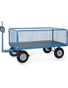 Ensemble mécano-soudé, revêtement époxy bleu RAL 5007. 4 inserts dans les angles, essieu sur rond à billes, timon en triangle av