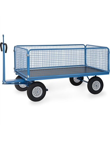 Ensemble mécano-soudé, revêtement époxy bleu RAL 5007. 4 inserts dans les angles, essieu sur rond à billes, timon en triangle av