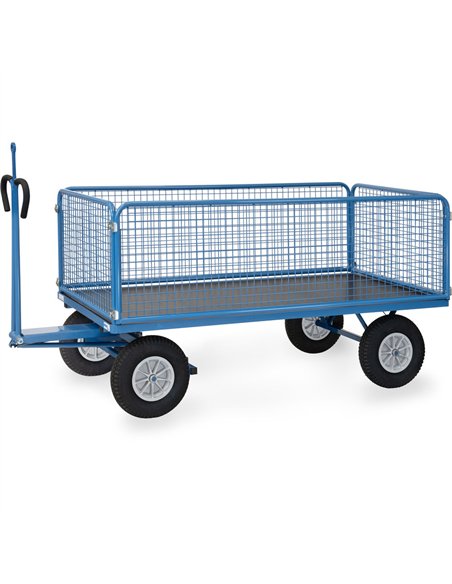 Ensemble mécano-soudé, revêtement époxy bleu RAL 5007. 4 inserts dans les angles, essieu sur rond à billes, timon en triangle av