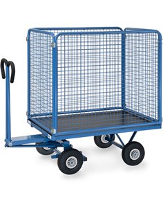 Ensemble mécano-soudé, revêtement époxy bleu RAL 5007. 4 inserts dans les angles, essieu sur rond à billes, timon en triangle av