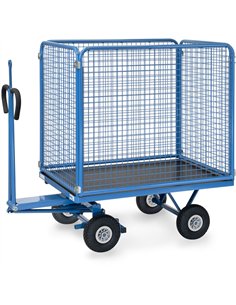 Ensemble mécano-soudé, revêtement époxy bleu RAL 5007. 4 inserts dans les angles, essieu sur rond à billes, timon en triangle av