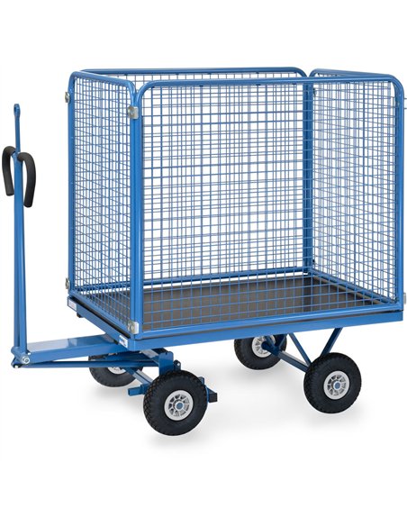 Ensemble mécano-soudé, revêtement époxy bleu RAL 5007. 4 inserts dans les angles, essieu sur rond à billes, timon en triangle av