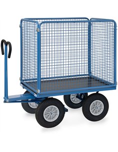 Ensemble mécano-soudé, revêtement époxy bleu RAL 5007. 4 inserts dans les angles, essieu sur rond à billes, timon en triangle av