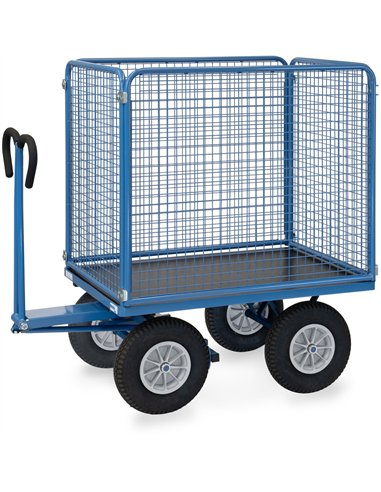 Ensemble mécano-soudé, revêtement époxy bleu RAL 5007. 4 inserts dans les angles, essieu sur rond à billes, timon en triangle av