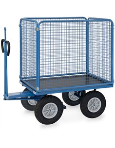 Ensemble mécano-soudé, revêtement époxy bleu RAL 5007. 4 inserts dans les angles, essieu sur rond à billes, timon en triangle av