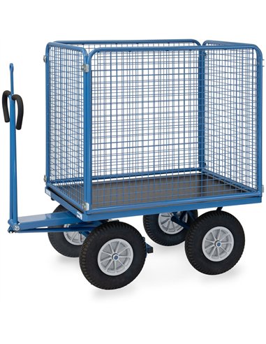 Ensemble mécano-soudé, revêtement époxy bleu RAL 5007. 4 inserts dans les angles, essieu sur rond à billes, timon en triangle av