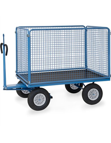 Ensemble mécano-soudé, revêtement époxy bleu RAL 5007. 4 inserts dans les angles, essieu sur rond à billes, timon en triangle av