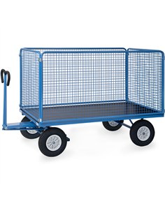 Ensemble mécano-soudé, revêtement époxy bleu RAL 5007. 4 inserts dans les angles, essieu sur rond à billes, timon en triangle av