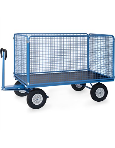 Ensemble mécano-soudé, revêtement époxy bleu RAL 5007. 4 inserts dans les angles, essieu sur rond à billes, timon en triangle av