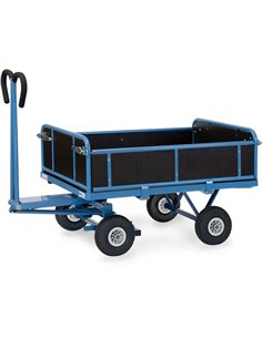 Ensemble mécano-soudé, revêtement époxy bleu RAL 5007. 4 inserts dans les angles, essieu sur rond à billes, timon en triangle av