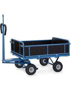 Ensemble mécano-soudé, revêtement époxy bleu RAL 5007. 4 inserts dans les angles, essieu sur rond à billes, timon en triangle av