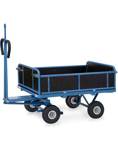 Ensemble mécano-soudé, revêtement époxy bleu RAL 5007. 4 inserts dans les angles, essieu sur rond à billes, timon en triangle av