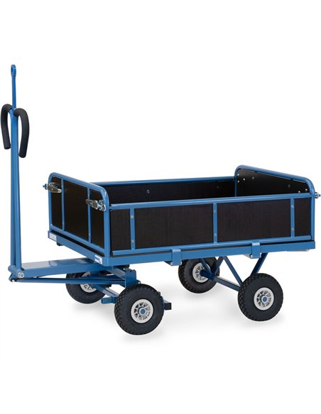 Ensemble mécano-soudé, revêtement époxy bleu RAL 5007. 4 inserts dans les angles, essieu sur rond à billes, timon en triangle av