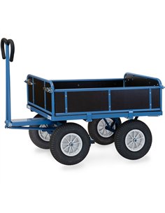 Ensemble mécano-soudé, revêtement époxy bleu RAL 5007. 4 inserts dans les angles, essieu sur rond à billes, timon en triangle av