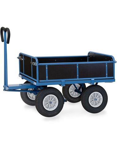 Ensemble mécano-soudé, revêtement époxy bleu RAL 5007. 4 inserts dans les angles, essieu sur rond à billes, timon en triangle av