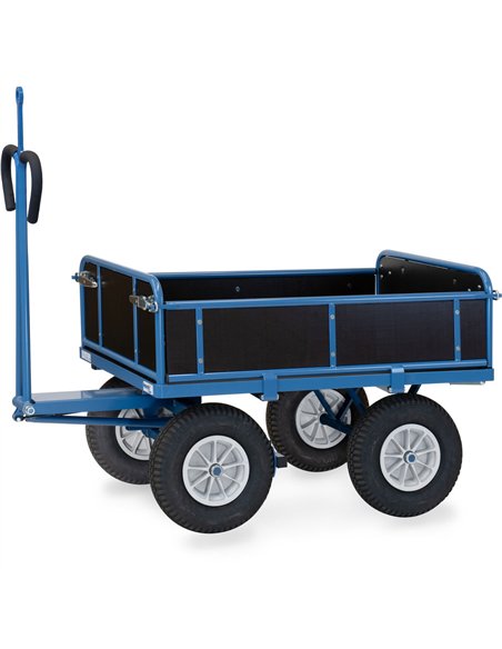 Ensemble mécano-soudé, revêtement époxy bleu RAL 5007. 4 inserts dans les angles, essieu sur rond à billes, timon en triangle av