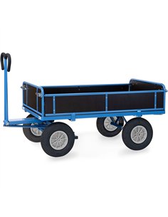 Ensemble mécano-soudé, revêtement époxy bleu RAL 5007. 4 inserts dans les angles, essieu sur rond à billes, timon en triangle av