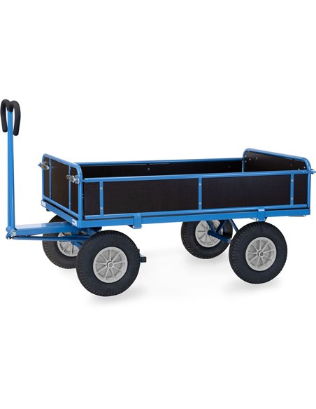 Ensemble mécano-soudé, revêtement époxy bleu RAL 5007. 4 inserts dans les angles, essieu sur rond à billes, timon en triangle av