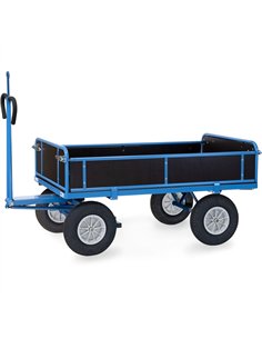 Ensemble mécano-soudé, revêtement époxy bleu RAL 5007. 4 inserts dans les angles, essieu sur rond à billes, timon en triangle av