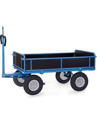 Ensemble mécano-soudé, revêtement époxy bleu RAL 5007. 4 inserts dans les angles, essieu sur rond à billes, timon en triangle av