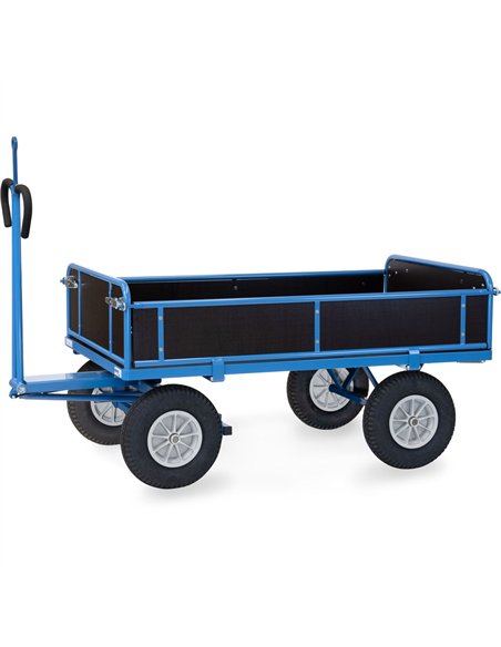 Ensemble mécano-soudé, revêtement époxy bleu RAL 5007. 4 inserts dans les angles, essieu sur rond à billes, timon en triangle av