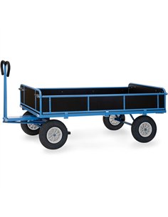 Ensemble mécano-soudé, revêtement époxy bleu RAL 5007. 4 inserts dans les angles, essieu sur rond à billes, timon en triangle av