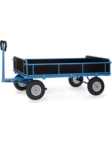 Ensemble mécano-soudé, revêtement époxy bleu RAL 5007. 4 inserts dans les angles, essieu sur rond à billes, timon en triangle av