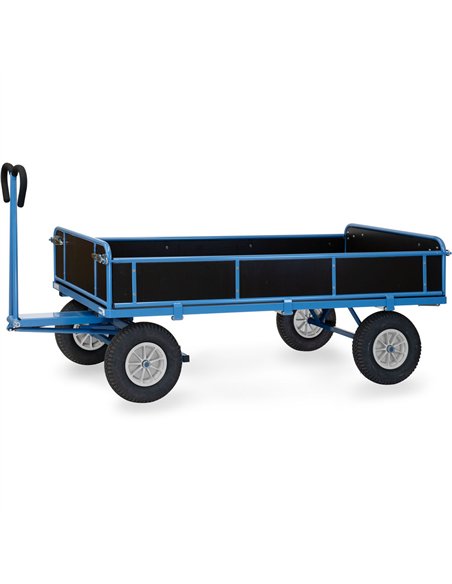 Ensemble mécano-soudé, revêtement époxy bleu RAL 5007. 4 inserts dans les angles, essieu sur rond à billes, timon en triangle av