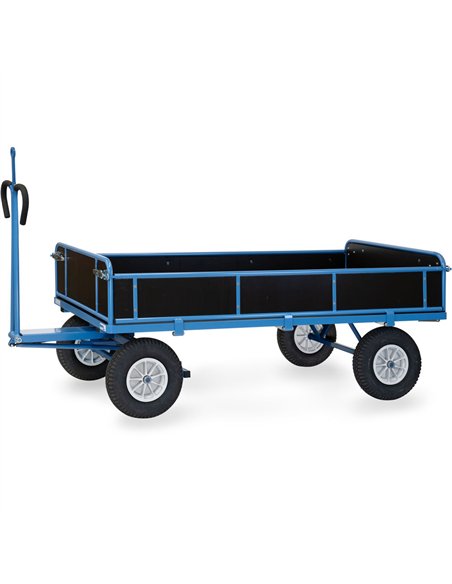 Ensemble mécano-soudé, revêtement époxy bleu RAL 5007. 4 inserts dans les angles, essieu sur rond à billes, timon en triangle av