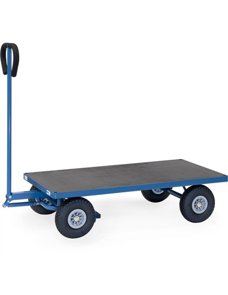 En tube d'acier soudé, revêtement époxy bleu RAL 5007. Plateau en contreplaqué hydrofuge. Essieu avec timon. Roues en mousse pol