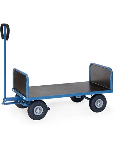 En tube d'acier soudé, revêtement époxy bleu RAL 5007. Plateau en contreplaqué hydrofuge, avec 2 ridelles petits côtés hauteur 3