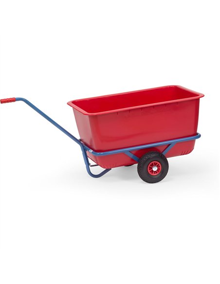 Char à bras léger en tube et profilé d'acier soudés, revêtement époxy bleu RAL 5007. Timon à boulonner. Avec cuvette rouge conte