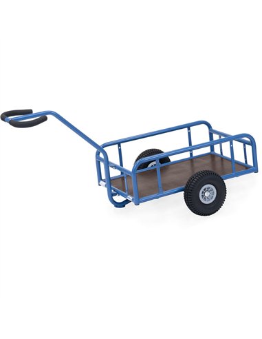 Char à bras léger en tube et profilé d'acier soudés, revêtement époxy bleu RAL 5007. Timon sécurisé boulonné avec revêtement sou