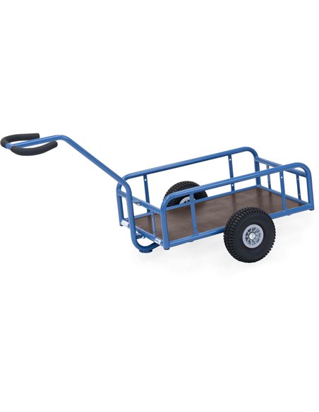 Char à bras léger en tube et profilé d'acier soudés, revêtement époxy bleu RAL 5007. Timon sécurisé boulonné avec revêtement sou