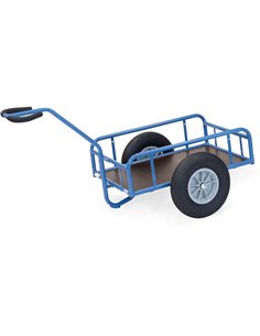 Char à bras léger en tube et profilé d'acier soudés, revêtement époxy bleu RAL 5007. Timon sécurisé boulonné avec revêtement sou