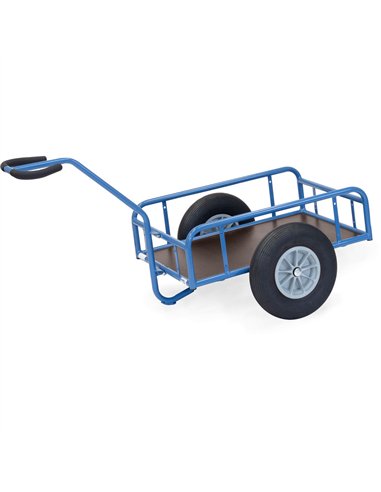 Char à bras léger en tube et profilé d'acier soudés, revêtement époxy bleu RAL 5007. Timon sécurisé boulonné avec revêtement sou