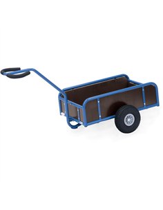 Char à bras léger en tube d'acier soudé, revêtement époxy bleu RAL 5007. Timon sécurisé boulonné avec revêtement souple. Plateau