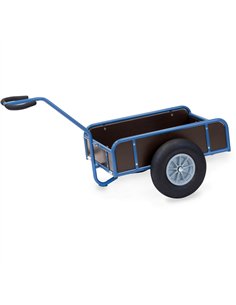 Char à bras léger en tube d'acier soudé, revêtement époxy bleu RAL 5007. Timon sécurisé boulonné avec revêtement souple. Plateau