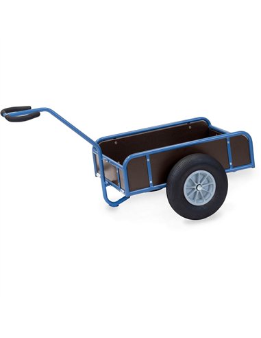 Char à bras léger en tube d'acier soudé, revêtement époxy bleu RAL 5007. Timon sécurisé boulonné avec revêtement souple. Plateau