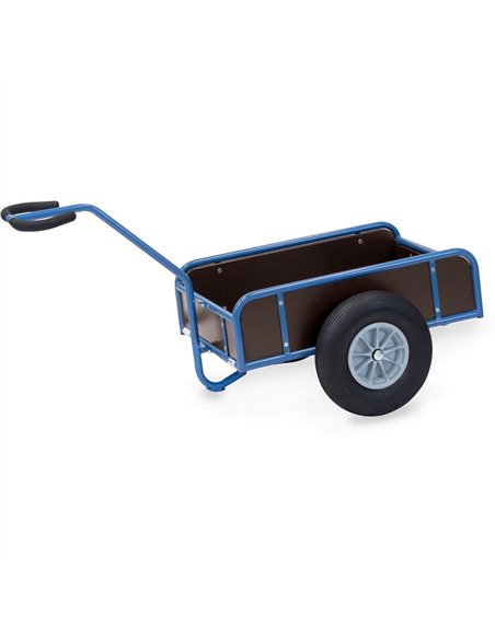 Char à bras léger en tube d'acier soudé, revêtement époxy bleu RAL 5007. Timon sécurisé boulonné avec revêtement souple. Plateau