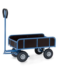 En tube d'acier soudé, revêtement époxy bleu RAL 5007. Ridelles hauteur 250 mm, Plateau et ridelles en contreplaqué hydrofuge. E