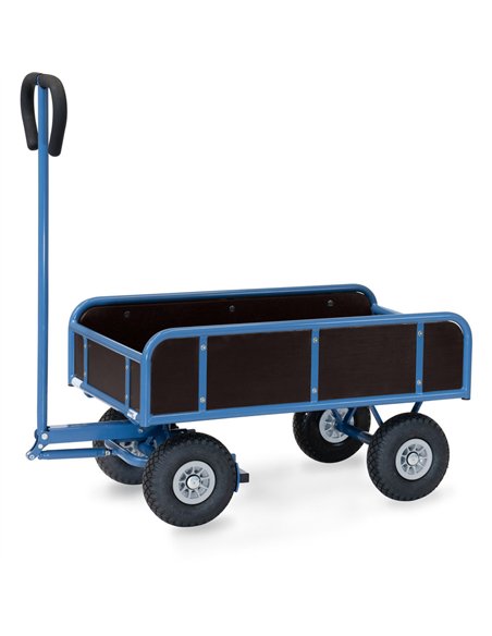 En tube d'acier soudé, revêtement époxy bleu RAL 5007. Ridelles hauteur 250 mm, Plateau et ridelles en contreplaqué hydrofuge. E