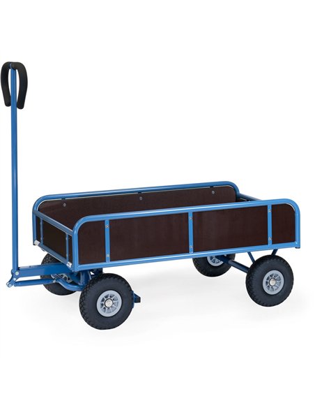 En tube d'acier soudé, revêtement époxy bleu RAL 5007. Ridelles hauteur 250 mm, Plateau et ridelles en contreplaqué hydrofuge. E