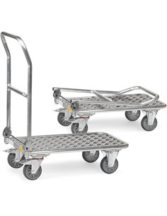 Tous les éléments sont conducteurs d'électricité. Chariot en tube d'acier et plateforme alu. Dossier rabattable sur la plateform