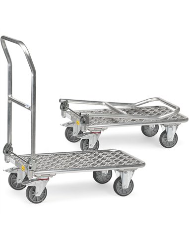 Tous les éléments sont conducteurs d'électricité. Chariot en tube d'acier et plateforme alu. Dossier rabattable sur la plateform