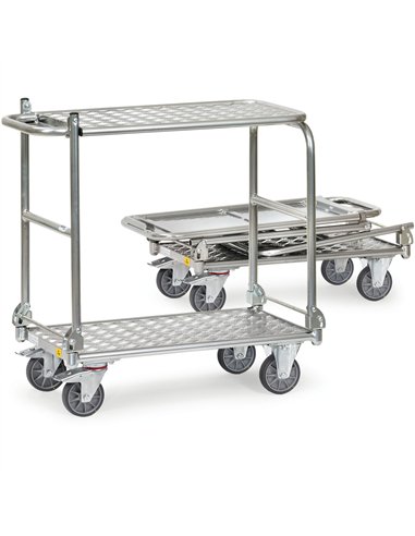 Tous les éléments sont conducteurs d'électricité. Chariot en tube d'acier et plateaux aluminium. Dossiers rabattables sur la pla