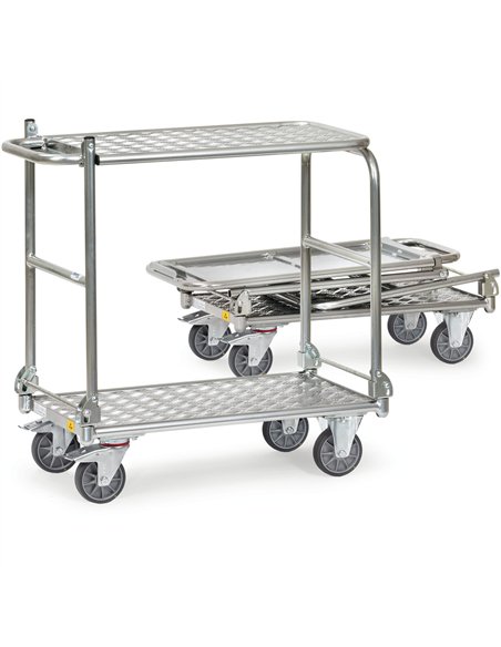 Tous les éléments sont conducteurs d'électricité. Chariot en tube d'acier et plateaux aluminium. Dossiers rabattables sur la pla