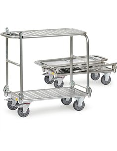 Tous les éléments sont conducteurs d'électricité. Chariot en tube d'acier et plateaux aluminium. Dossiers rabattables sur la pla